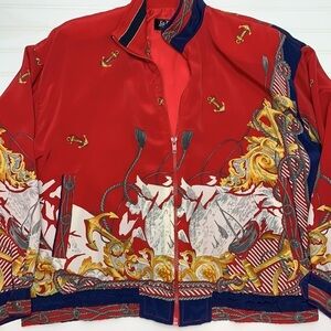 Vintage red bomber nautical zip front jacket with shoulder pads O/S